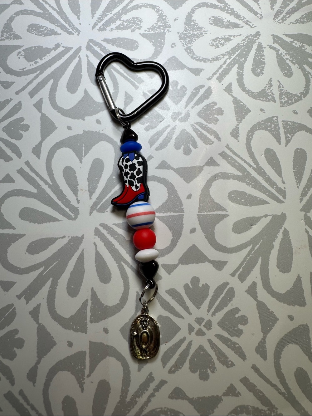 Heart Carabiner Keychain with Red, White & Blue Cowboy Boot Charm